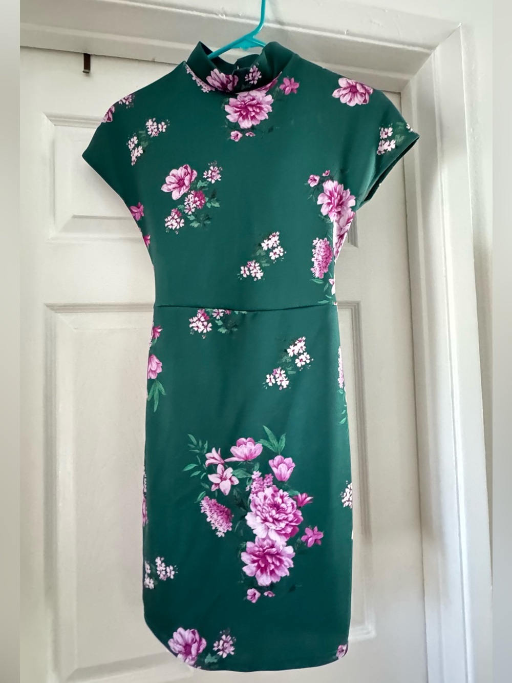 Green Floral Chinese Style Dress with Pink Blooms
